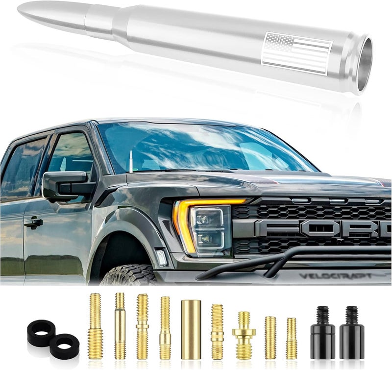 Junecarp New Upgrade American Flag Car Bullet Antenna,Truck Exterior Accessories Antenna Toppers Compatible with GMC,Chevy Silverado,Dodge,Ford,Jeep Antenna Replacement (Premium Silver - U.S. Flag) - Image 1